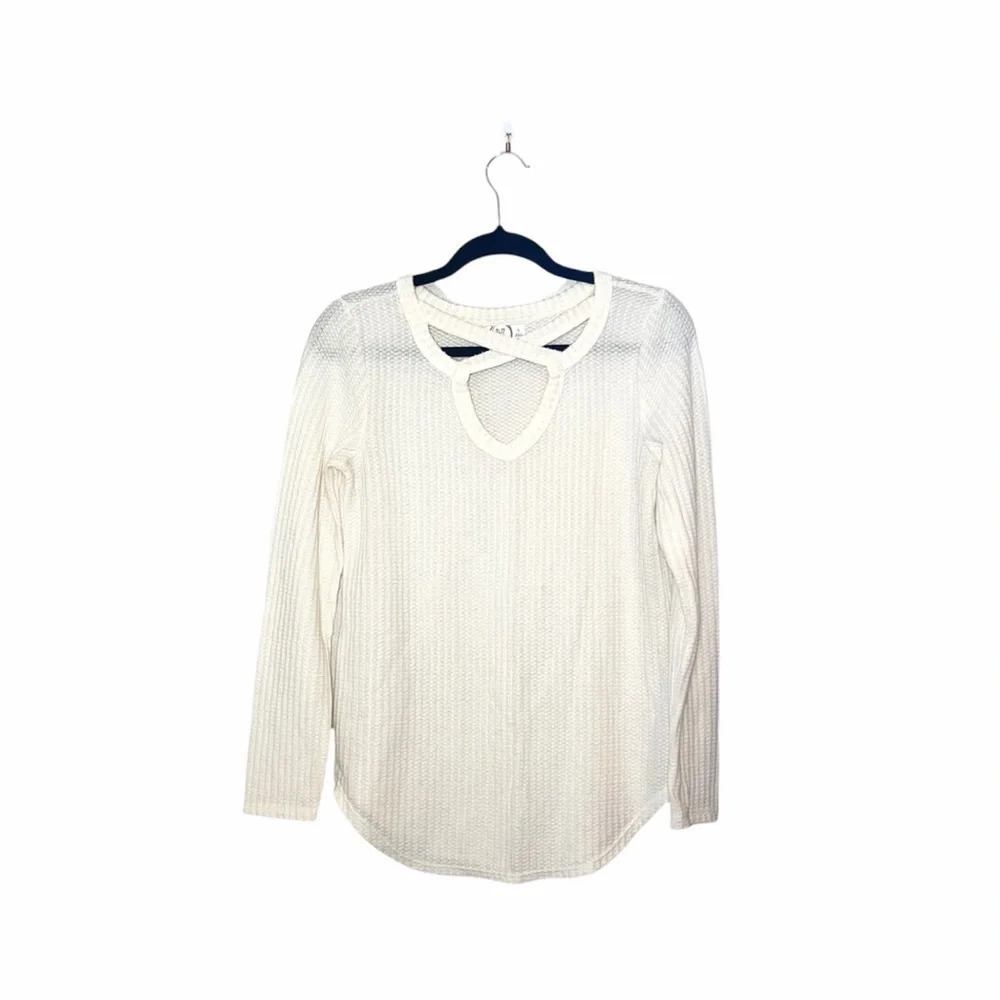 Maurices 24/7 Cream Waffle Knit Top Strappy Front Long Sleeve Small Women’s